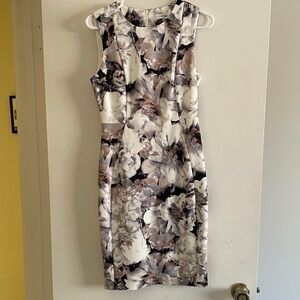 Calvin Klein Cream and Taupe Floral Midi Sheath Dress
